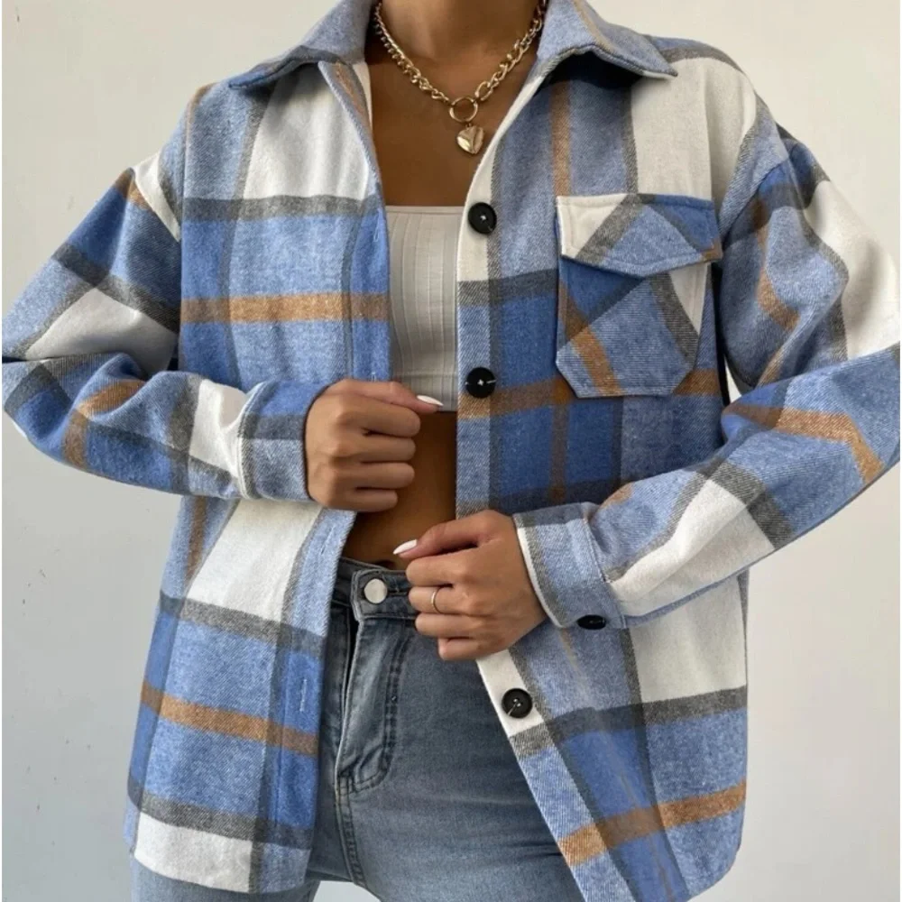 New plaid button down long sleeve Shacket jacket - Picture 2 of 5